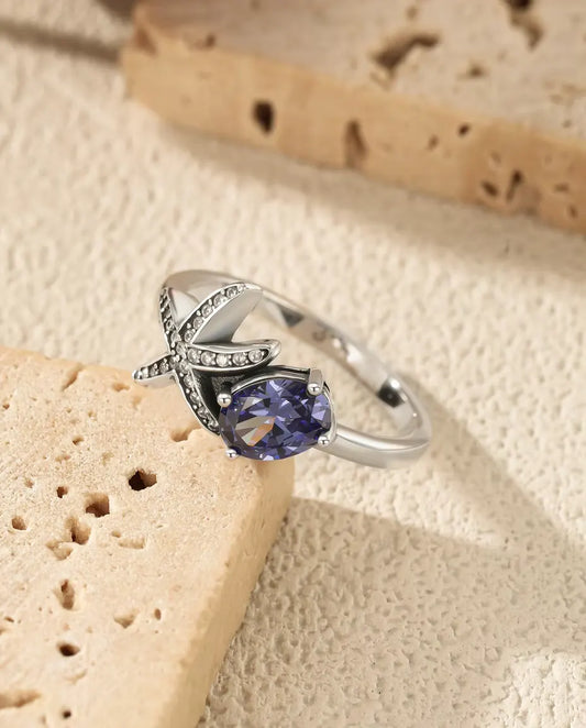 Bague Étoile de Mer - zircon violet ovale 5 x 7 mm et étoile pavée, tailles 5 à 9, argent 925