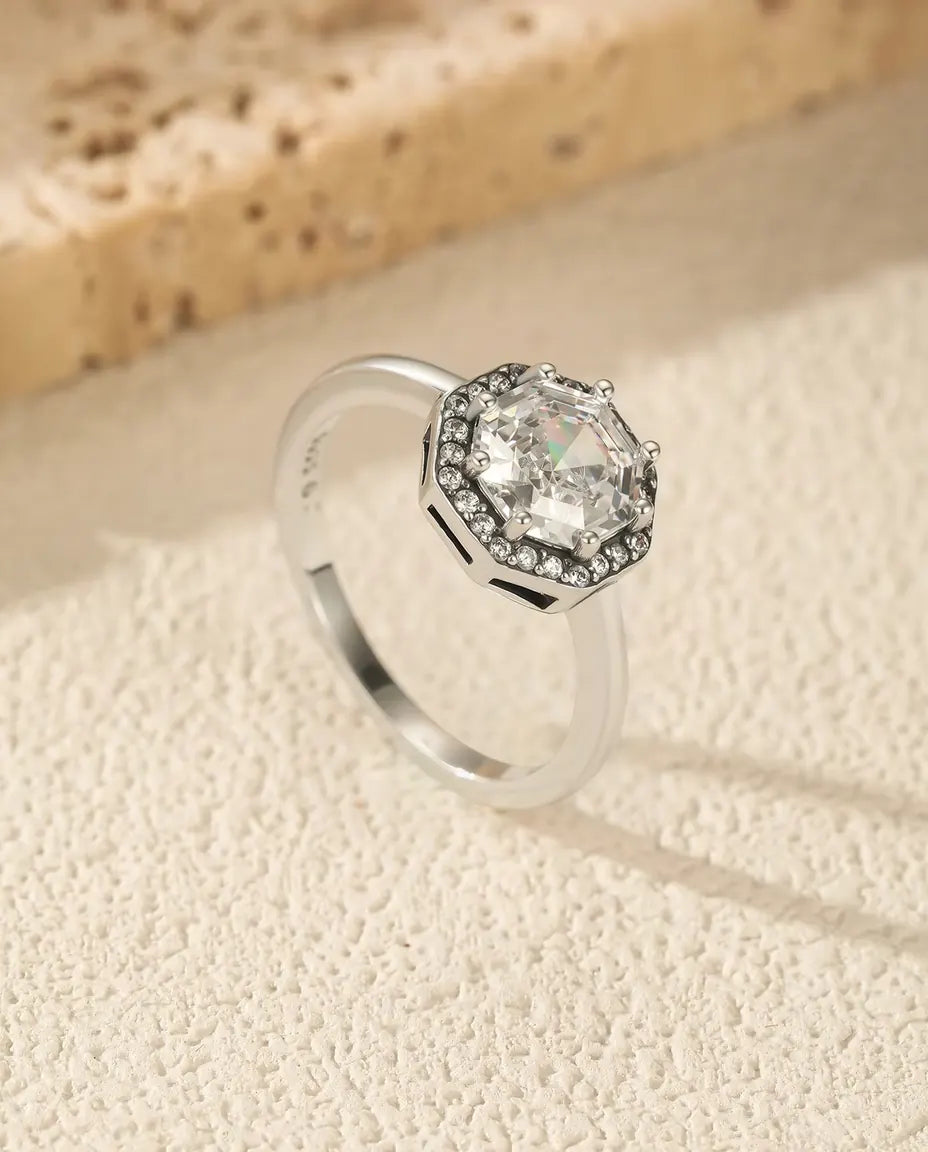 Bague Halo octogonale - zircon taille à degrés et entourage pavé, 9,5 mm, tailles 5 à 9, argent 925