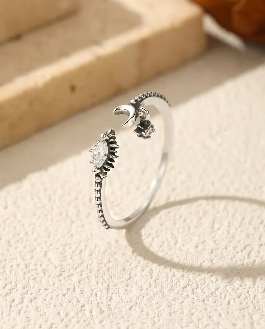 Bague lune et étoile ouverte - zircon marquise sur anneau perlé oxydé, argent 925, ajustable US 6 à 9