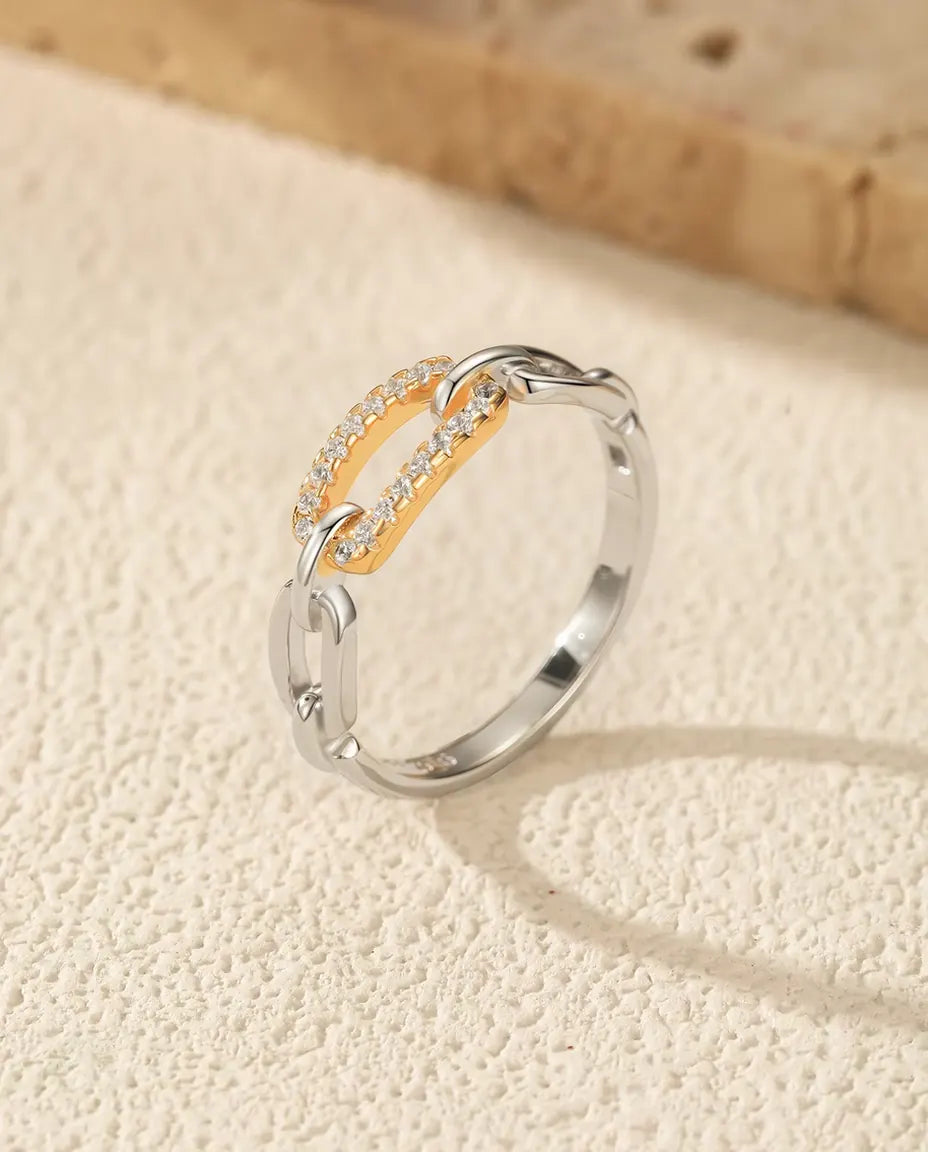 Bague Maillons Bicolore - maillon pavé doré entre deux maillons argent, tailles 5 à 9, argent massif 925