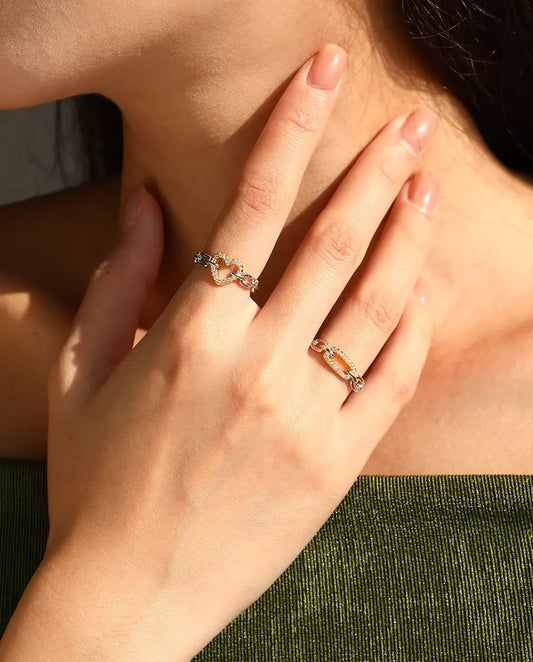 Bague Maillons Bicolore - maillon pavé doré entre deux maillons argent, tailles 5 à 9, argent massif 925
