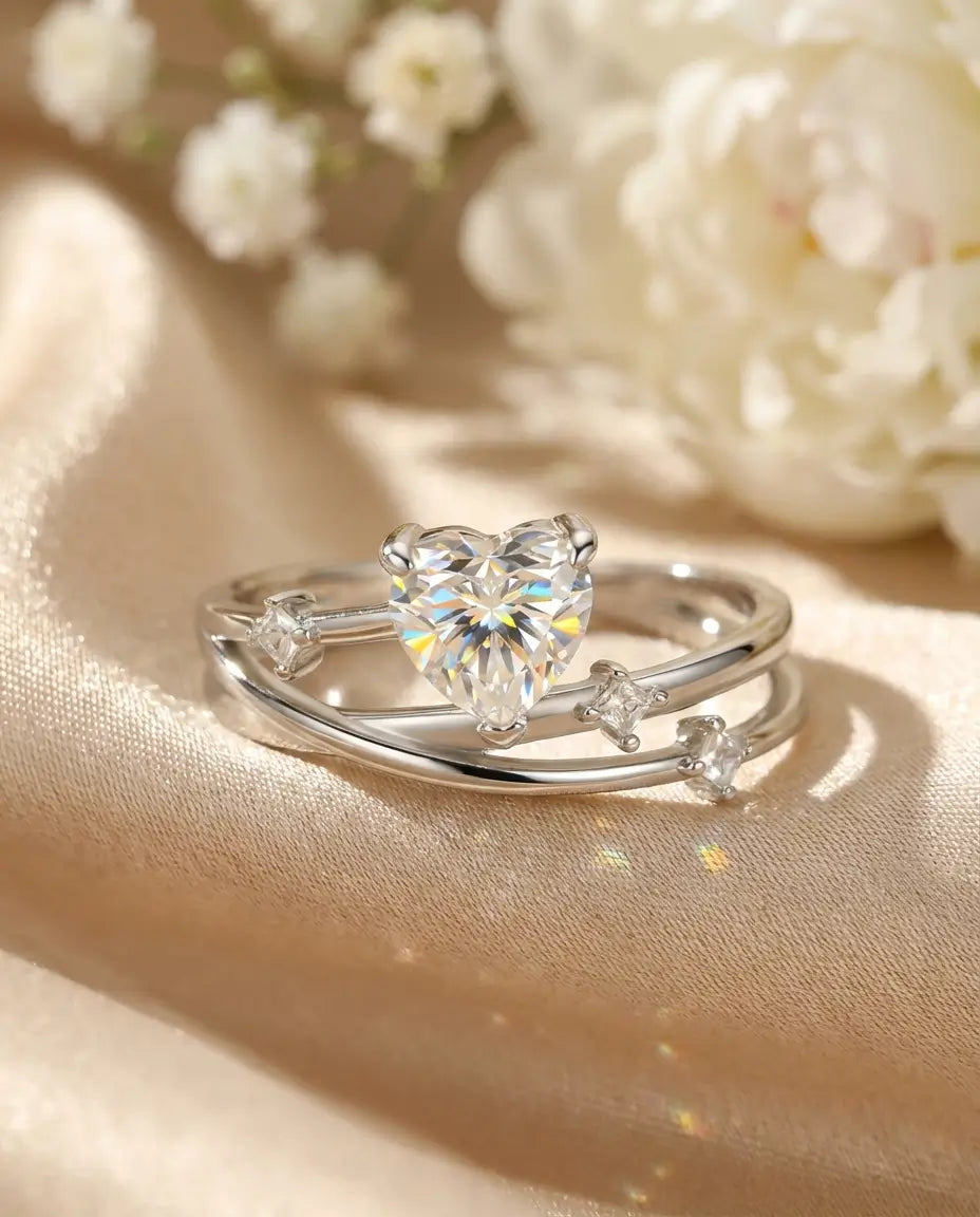 Bague Moissanite – Cœur 0,8 ct en Argent 925, Anneau Croisé Multi-Rangs, Cadeau Romantique pour Elle