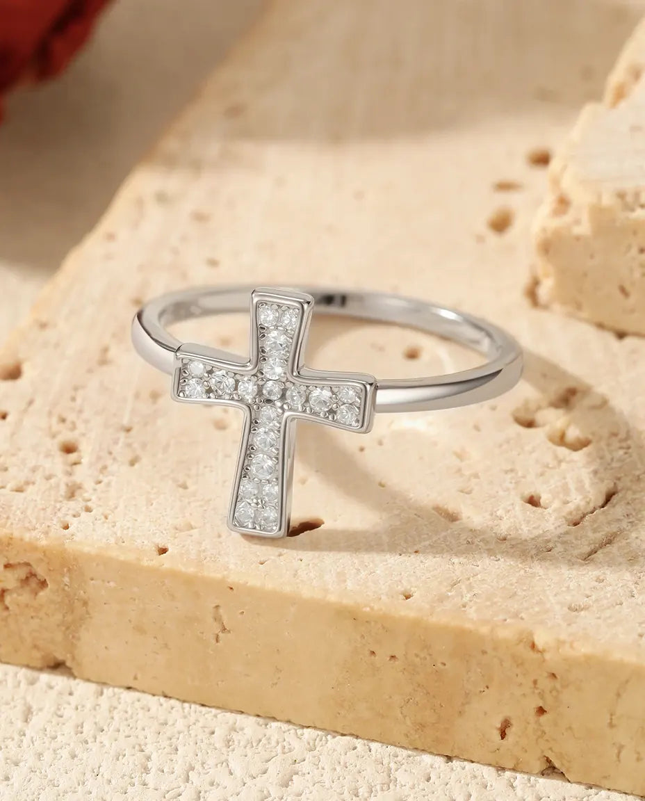 Bague Moissanite – Croix Horizontale Pavée de 20 Pierres Couleur D Créées en Laboratoire, Argent 925, Bague Fine pour Femme