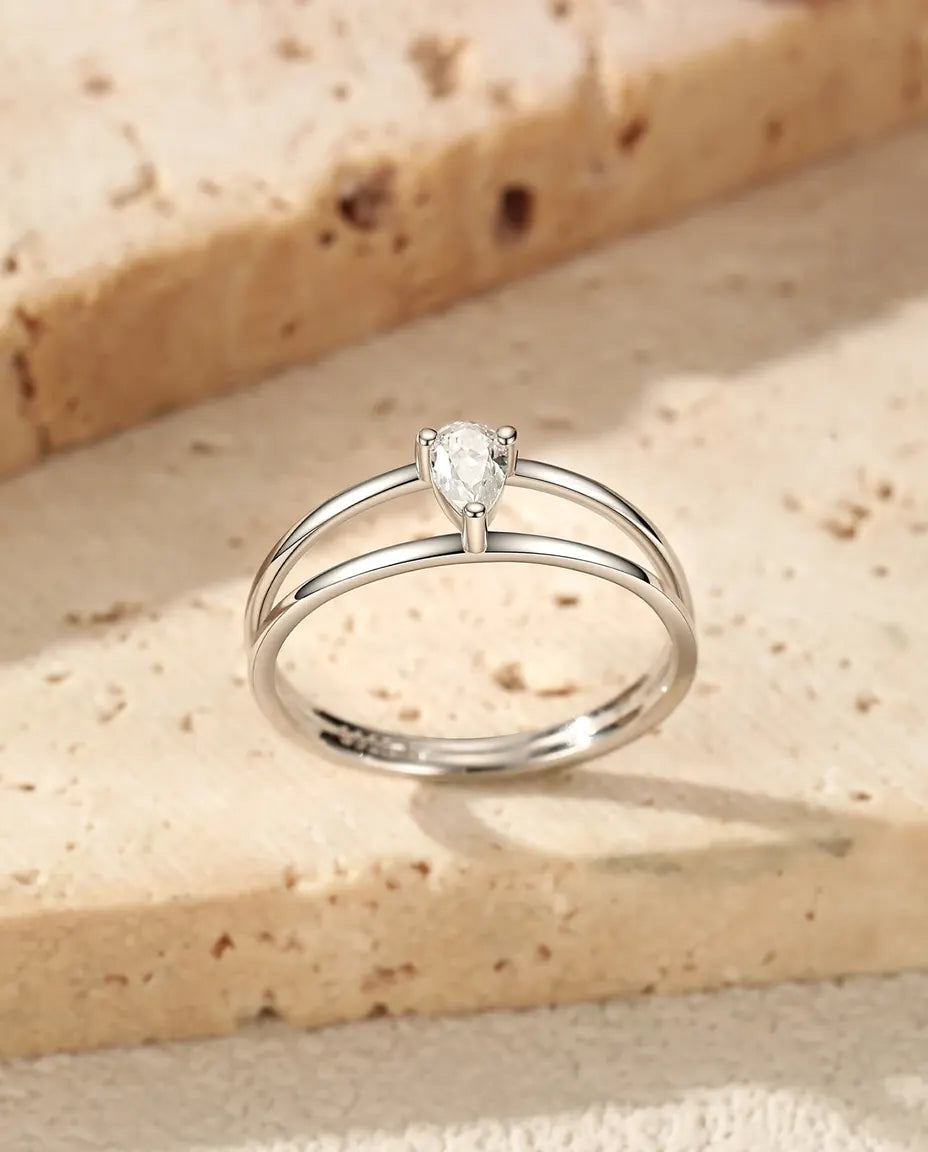 Bague Moissanite – Double anneau minimaliste, moissanite poire 0,3 carat couleur D créée en laboratoire, argent 925, pour femme