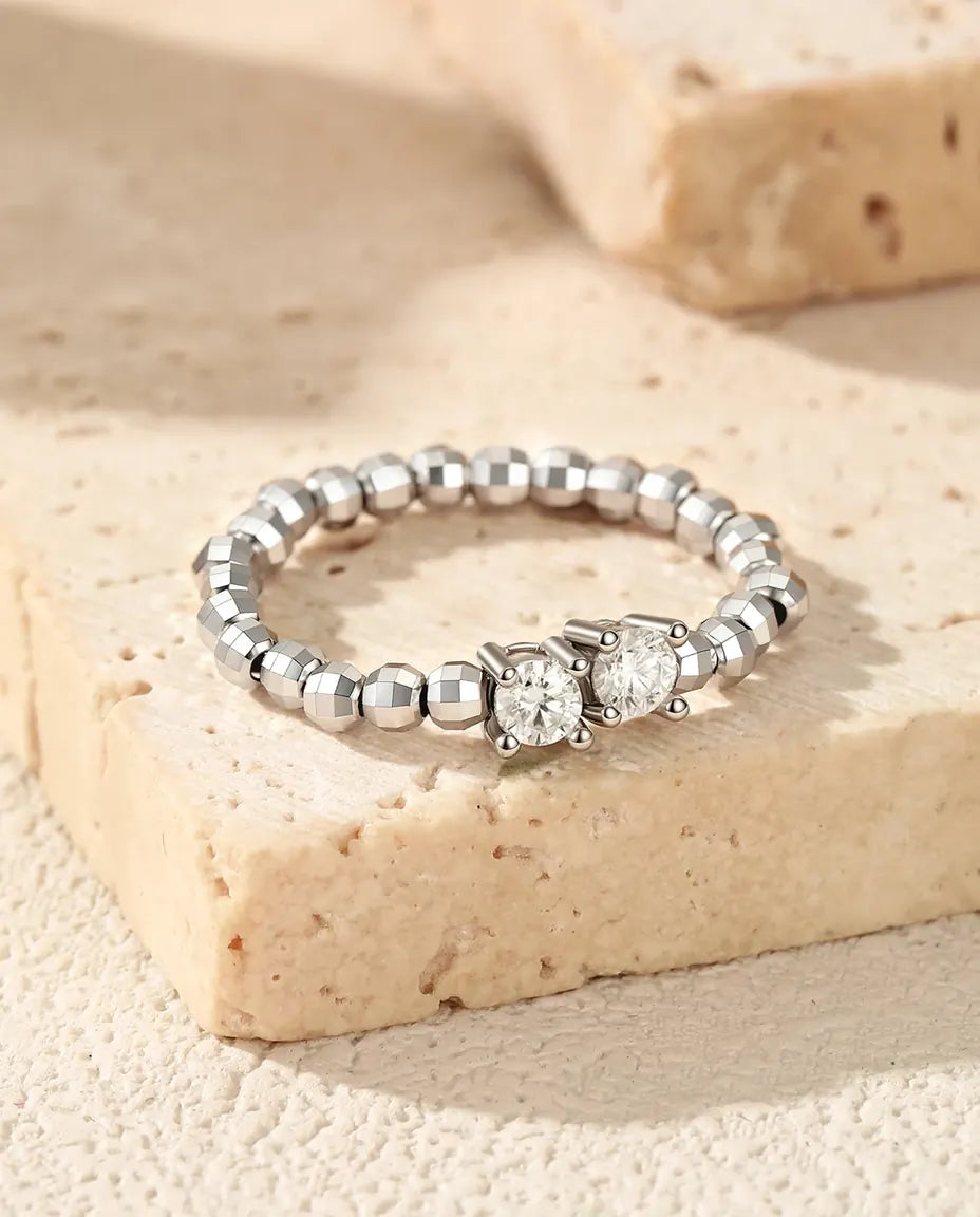 Bague Moissanite ajustable – Duo de pierres rondes couleur D 0,2 ct, anneau de perles facettées en argent 925