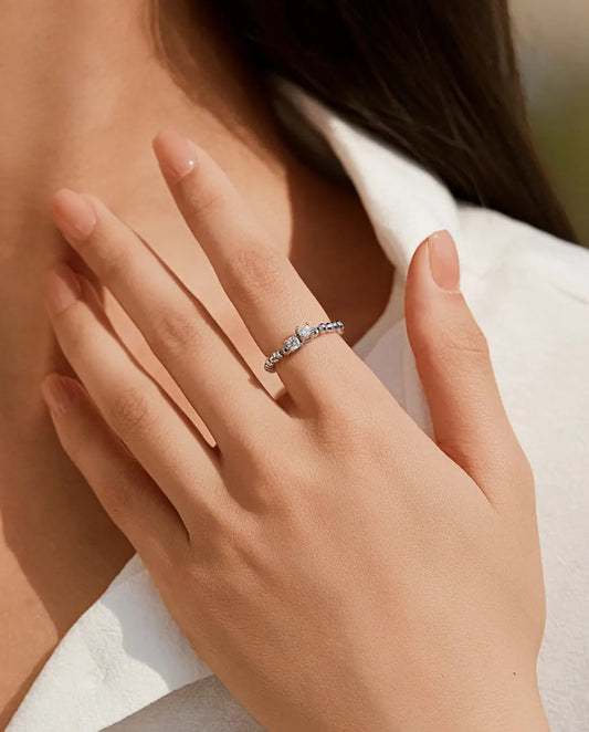 Bague Moissanite ajustable – Duo de pierres rondes couleur D 0,2 ct, anneau de perles facettées en argent 925