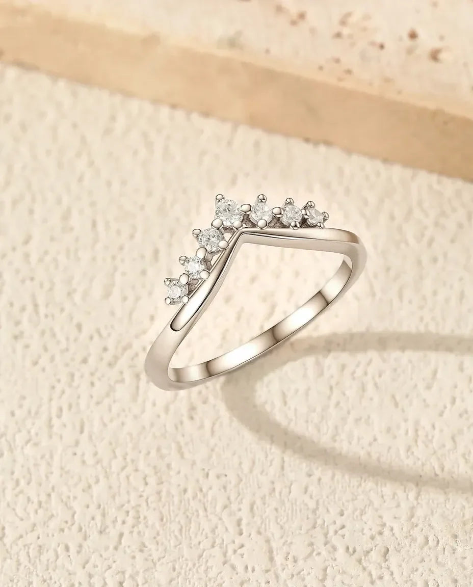 Bague Moissanite – Anneau Empilable Couronne en V, 7 Pierres Couleur D VVS1, Argent 925, Cadeau pour Elle