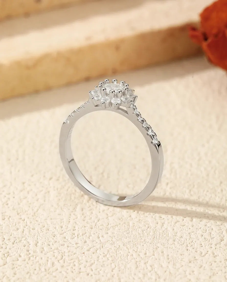 Bague Moissanite – Halo Fleur 0,3 ct Ronde Couleur D en Argent 925, Bague de Fiançailles Soleil, cadeau pour Elle