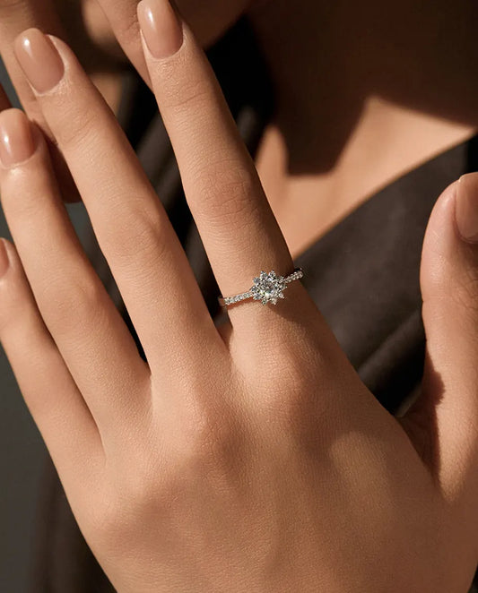 Bague Moissanite – Halo Fleur 0,3 ct Ronde Couleur D en Argent 925, Bague de Fiançailles Soleil, cadeau pour Elle