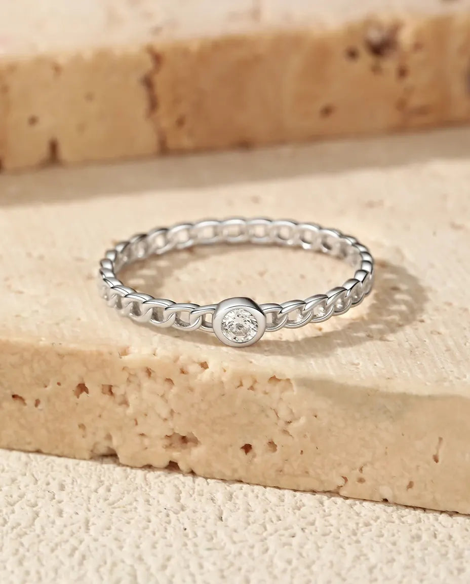 Bague Moissanite – Anneau Maille Gourmette avec Solitaire Rond Serti Clos, Argent 925, Bague Fine Empilable, Cadeau pour Elle