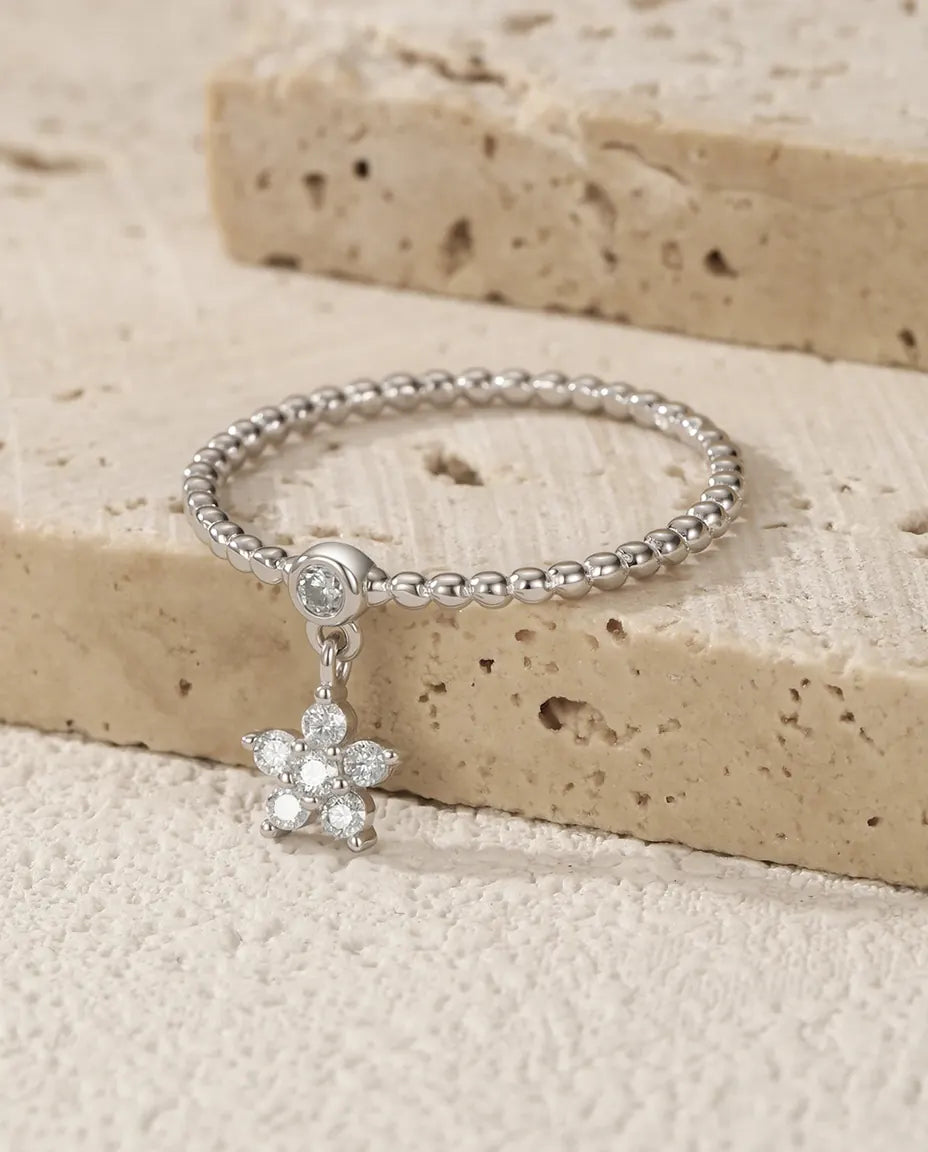 Bague Moissanite – Marguerite avec Pampille Couleur D, Anneau Perlé, Argent 925, Cadeau pour Elle