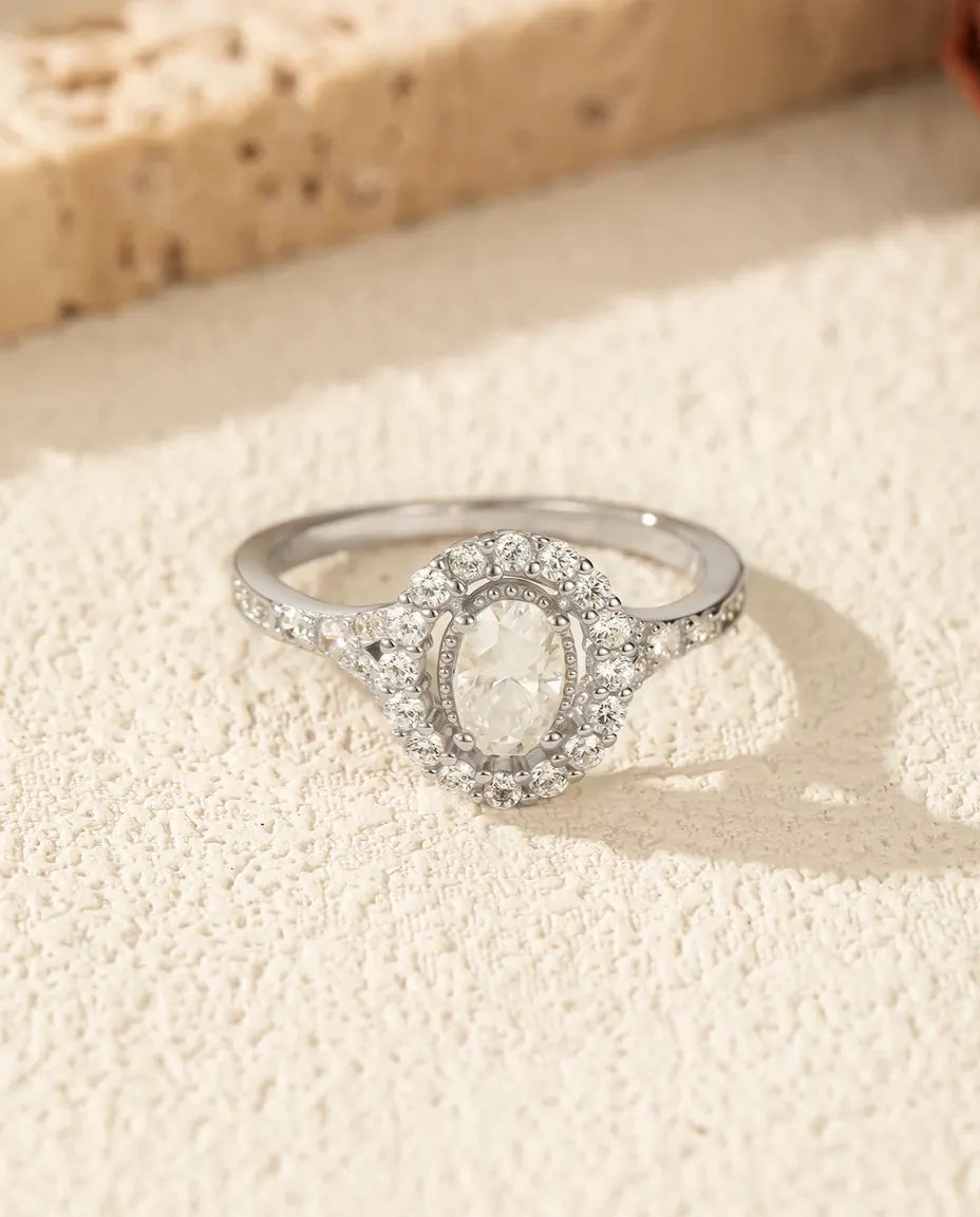 Bague Moissanite – Ovale 0,5 ct Double Halo et Anneau Pavé, Argent Sterling 925, Bague de Fiançailles pour Elle