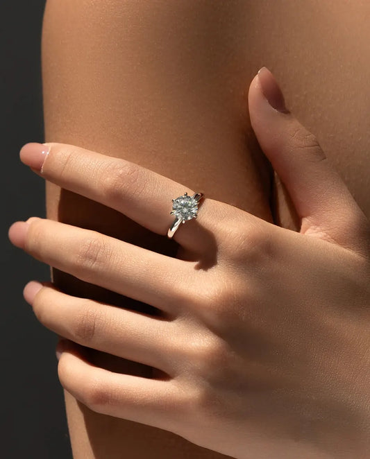 Bague Moissanite – Solitaire Rond 2 ct Couleur D VVS, Serti Couronne en Argent 925, Bague de Fiançailles ou de Promesse