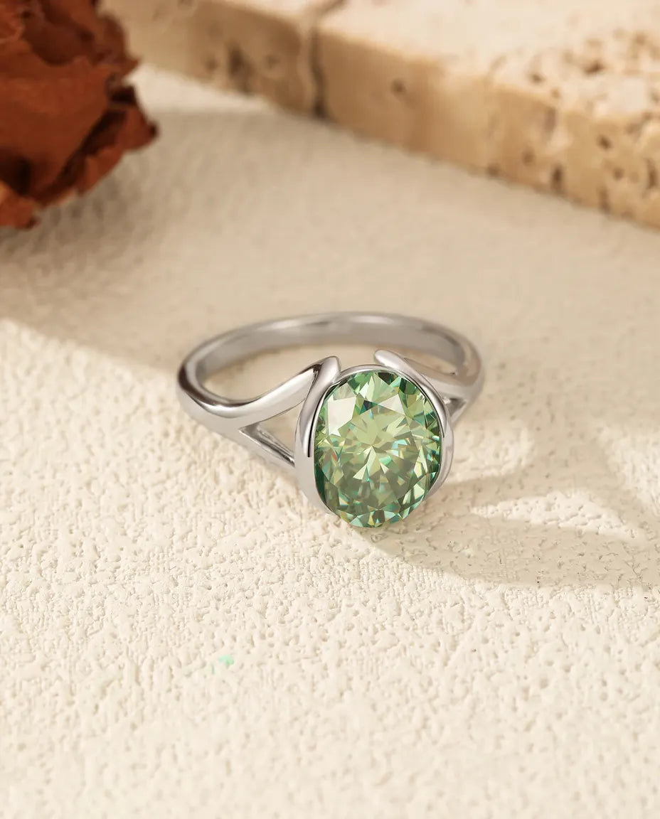 Bague Moissanite Verte – 3 ct Taille Ovale Créée en Laboratoire, Monture Tension Moderne, Argent 925, cadeau pour Elle