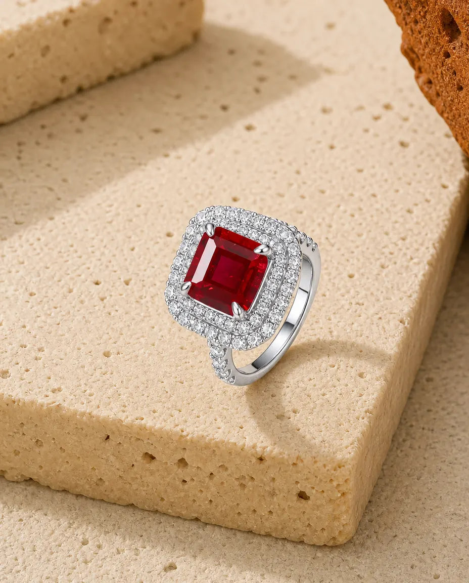 Bague Rubis – Carré Créé en Laboratoire 8 x 8 mm, Double Halo, Argent 925, Pierre de Naissance Juillet, cadeau pour Elle