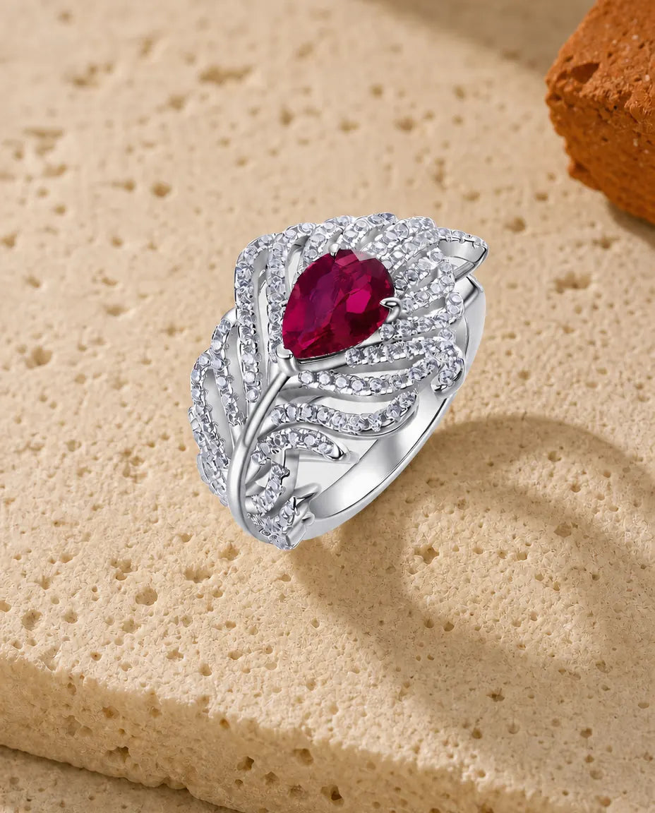 Bague Rubis – Rubis Ovale Créé en Laboratoire, Ailes de Plumes Pavées, Argent 925, Pierre de Naissance Juillet, Cadeau pour Elle