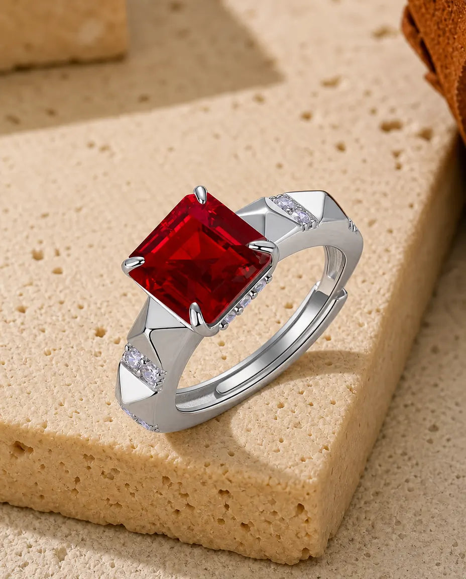 Bague Rubis – Pierre Carrée 8x8 mm Créée en Laboratoire, Anneau Géométrique Art Déco en Argent 925, Ouvert Ajustable, Cadeau pour Elle