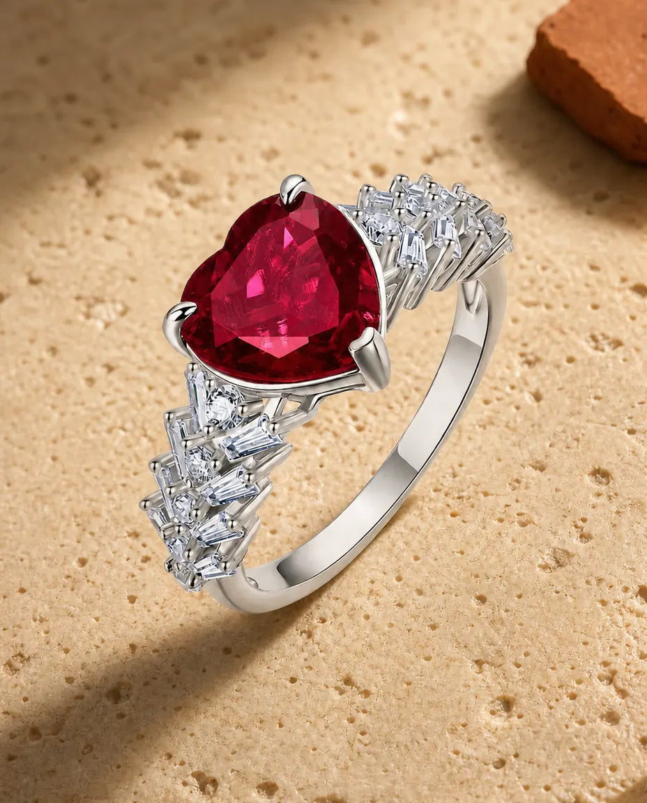 Bague Rubis – Cœur Créé en Laboratoire avec Cascade de Baguettes Art Déco en Argent 925, Bague Cocktail pour Femme