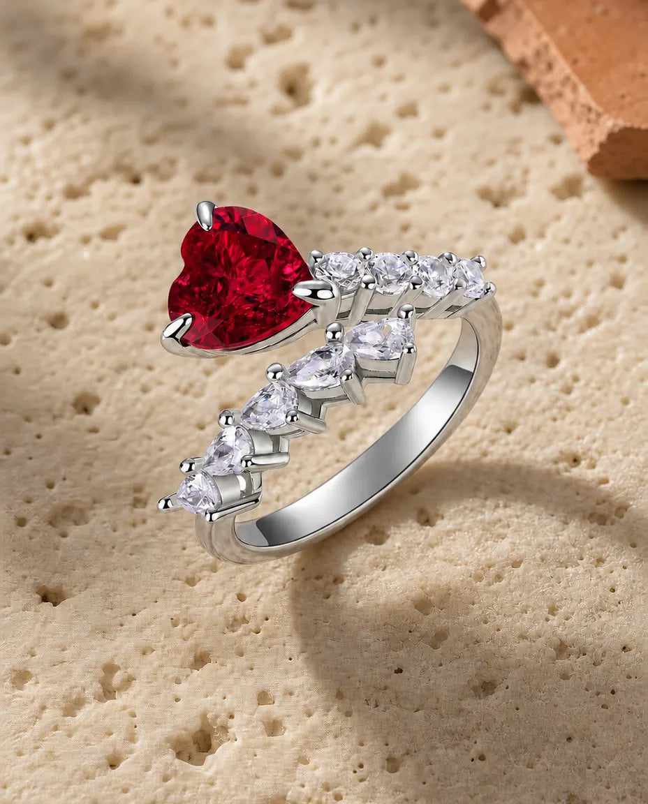 Bague Rubis – Cœur Créé en Laboratoire avec Traînée d'Étoile Filante, Anneau Ouvert Ajustable en Argent 925, cadeau pour Elle