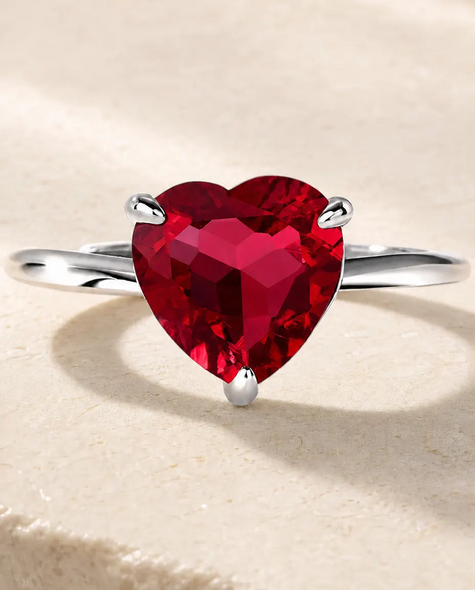 Bague Rubis – Cœur Créé en Laboratoire, Solitaire Délicat en Argent Sterling 925 Ajustable, Cadeau pour Elle