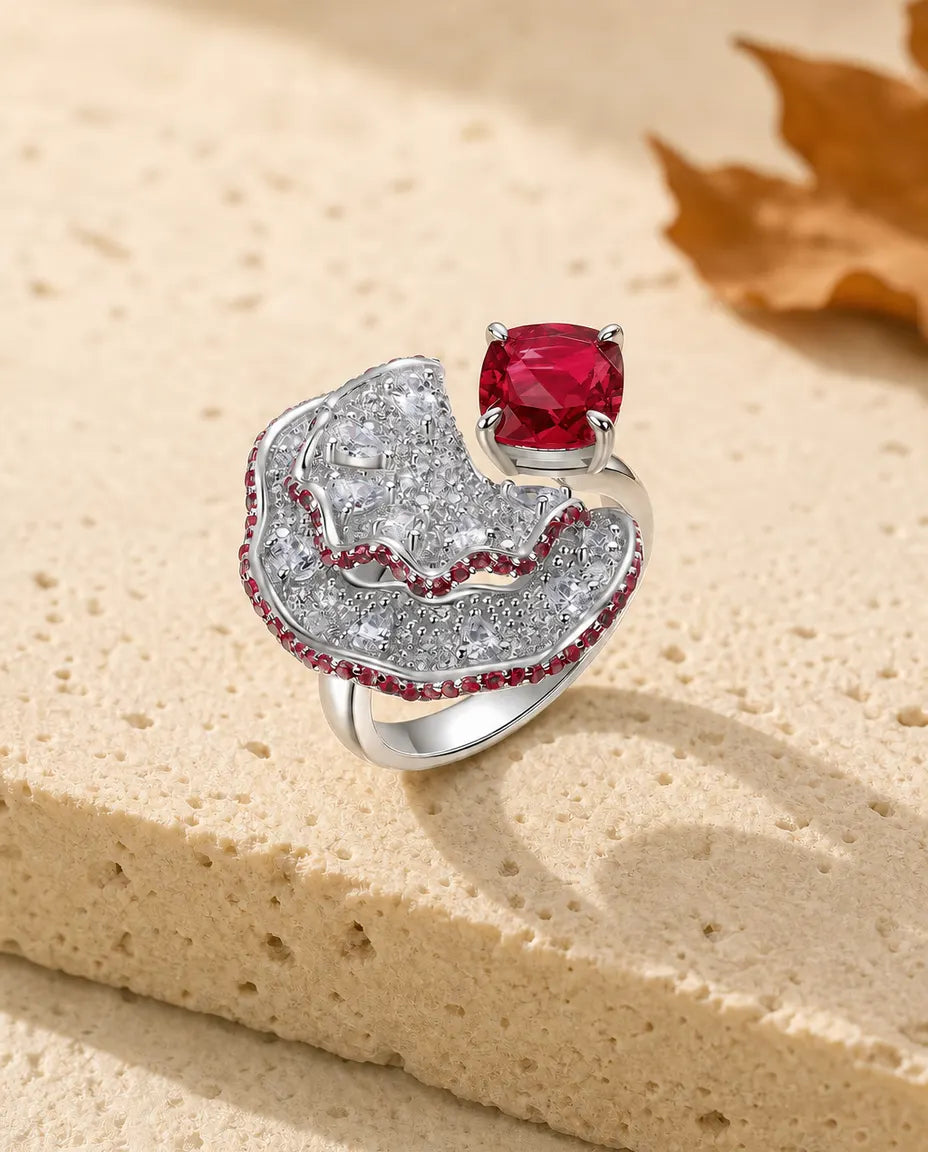 Bague Rubis – Rubis Créé en Laboratoire sur Éventail Pavé, Argent Sterling 925, Pierre de Naissance de Juillet, Cadeau pour Elle