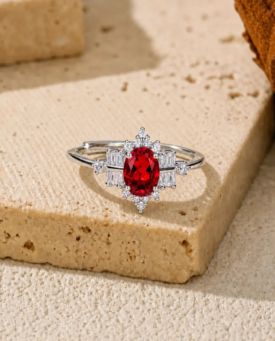 Bague Rubis – Ovale Créé en Laboratoire, Halo Flocon de Zircones, Anneau Ouvert Ajustable en Argent 925 pour Femme