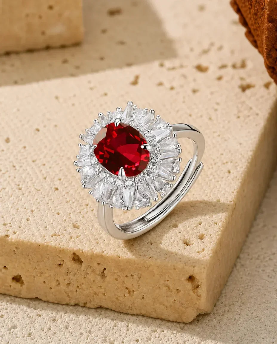 Bague Rubis – Ovale Créé en Laboratoire avec Halo Rayonnant en Argent 925, Pierre de Naissance Juillet, Cadeau pour Elle