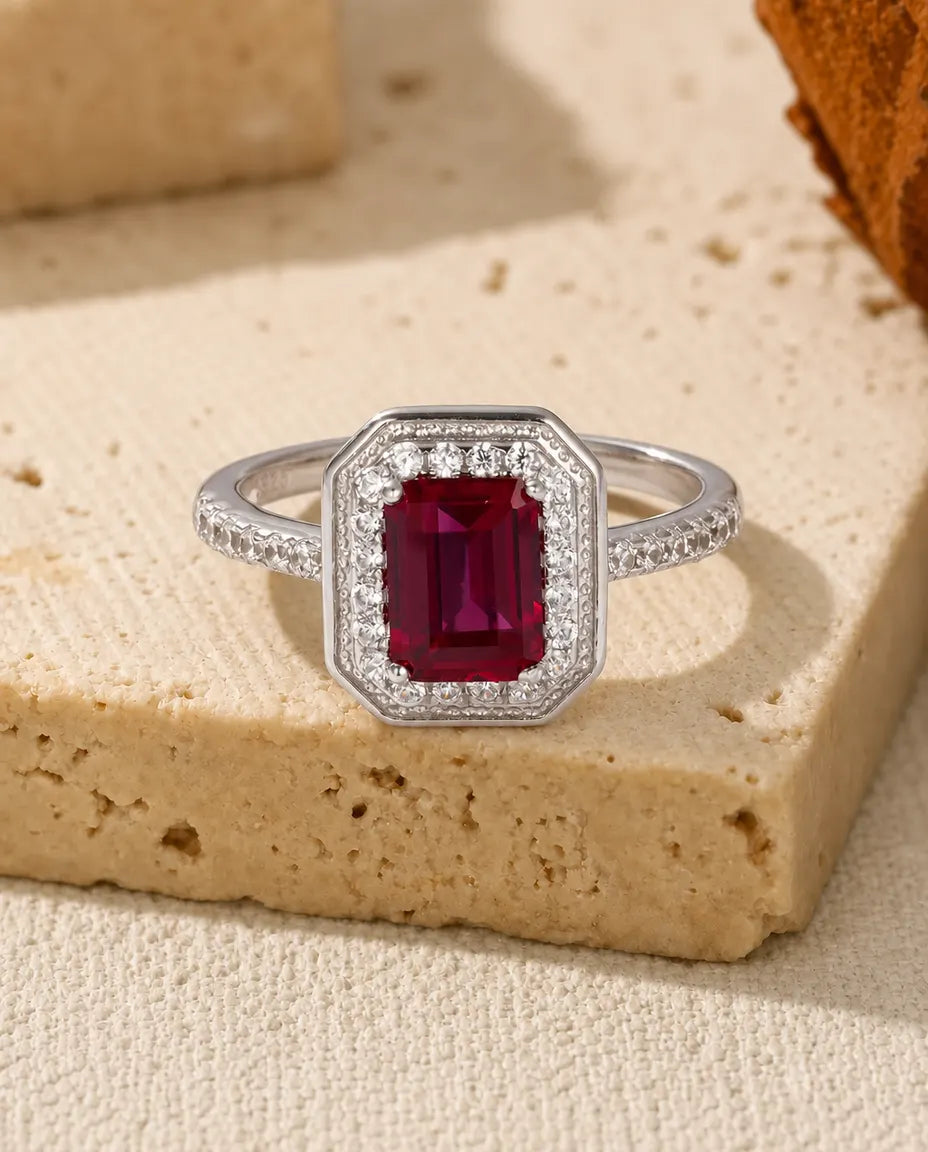 Bague Rubis – Octogone Créé en Laboratoire avec Halo Pavé, Argent Sterling 925, Pierre de Naissance de Juillet pour Elle