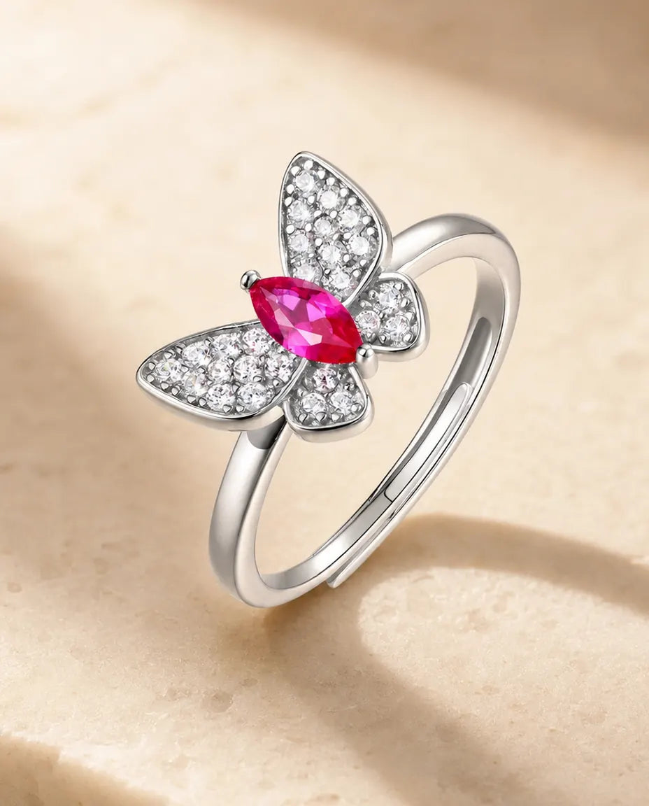 Bague Rubis – Papillon Pavé avec Rubis Taille Marquise Créé en Laboratoire, Argent 925, Anneau Ouvert Ajustable, Cadeau pour Elle