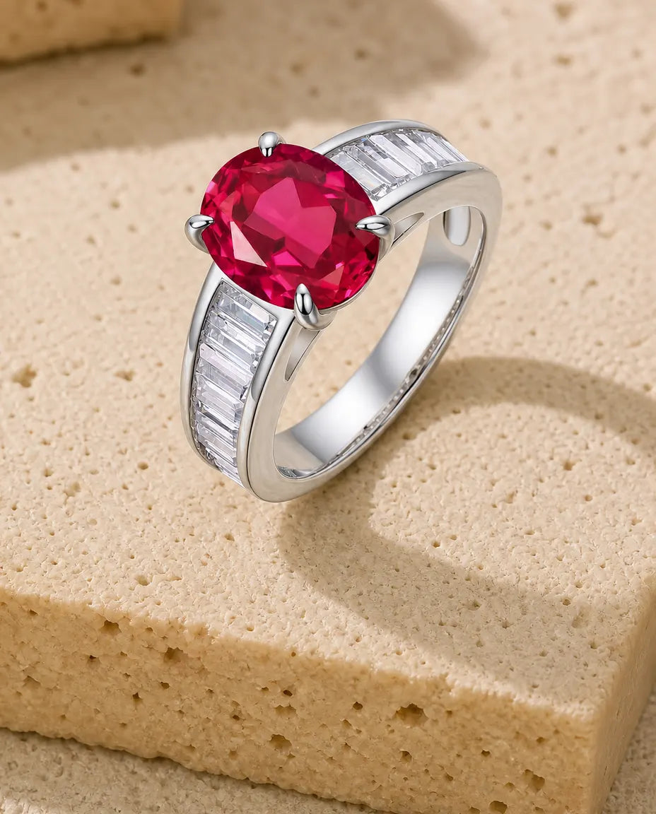Bague Rubis créé en laboratoire – Solitaire ovale rouge, épaules baguettes, argent 925, pierre de naissance de juillet