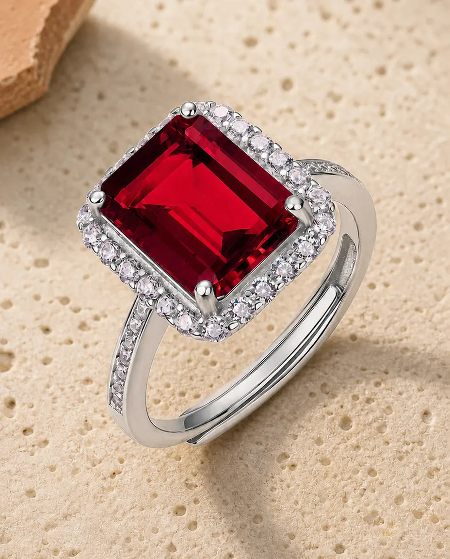 Bague Rubis – Rubis octogone 8 x 10 mm créé en laboratoire avec halo pavé, anneau ouvert ajustable en argent 925, cadeau pour Elle