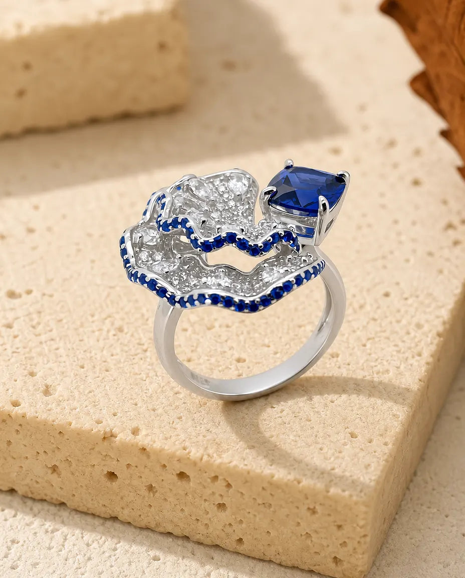 Bague Saphir – Cocktail Éventail Pavé avec Saphir Bleu Créé en Laboratoire, Argent 925, Pierre de Naissance de Septembre