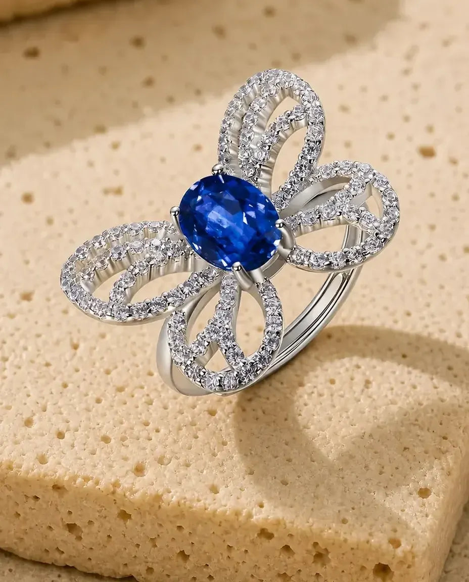 Bague Saphir – Papillon Pavé avec Saphir Bleu Créé en Laboratoire, Anneau Ouvert Ajustable en Argent 925, cadeau pour Elle