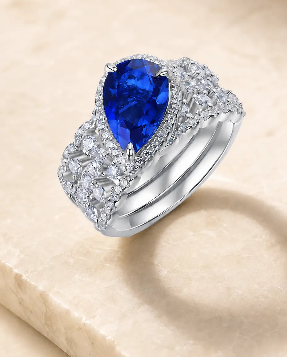 Bague Saphir – Duo de Bagues Poire Créé en Laboratoire avec Halo en Argent 925, Set de Mariée 2 Pièces pour Femme