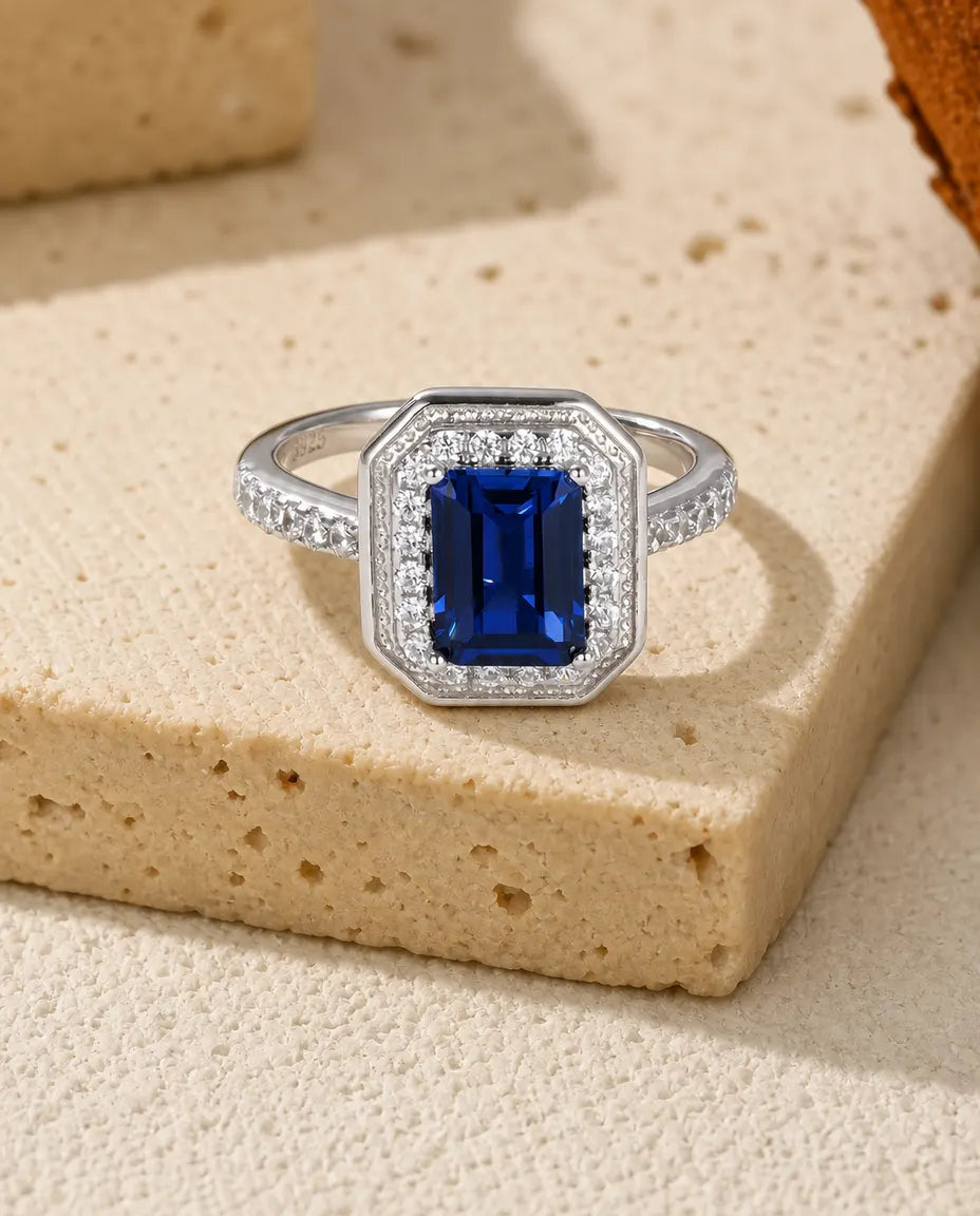 Bague Saphir – Octogone Bleu Créé en Laboratoire, Halo Pavé, Argent 925, Pierre de Naissance Septembre, cadeau pour Elle