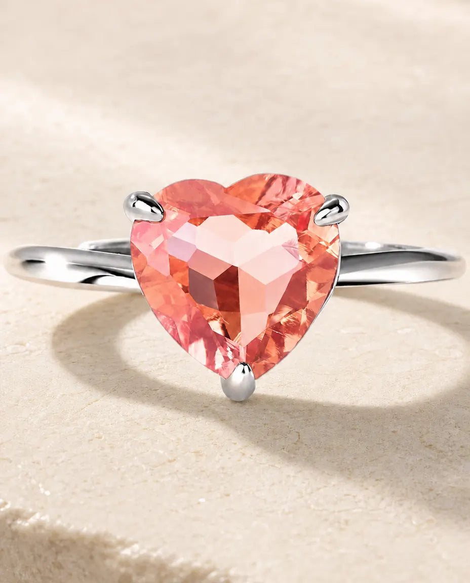 Bague Saphir – Solitaire Cœur en Saphir Rose Créé en Laboratoire, Anneau Ouvert Ajustable, Argent 925