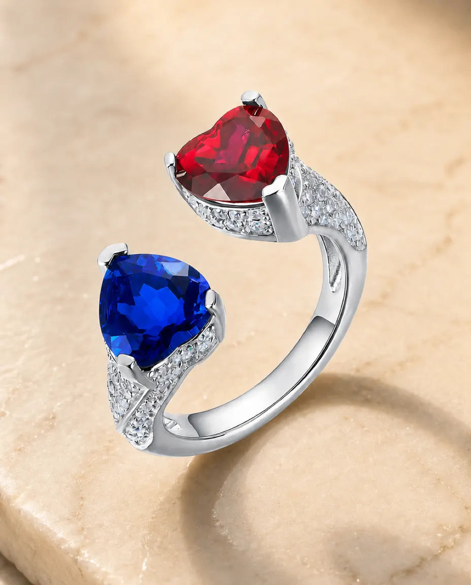 Bague Saphir – Toi et Moi Deux Cœurs Saphir et Rubis Créés en Laboratoire, Argent 925 Anneau Ajustable, Cadeau pour Elle