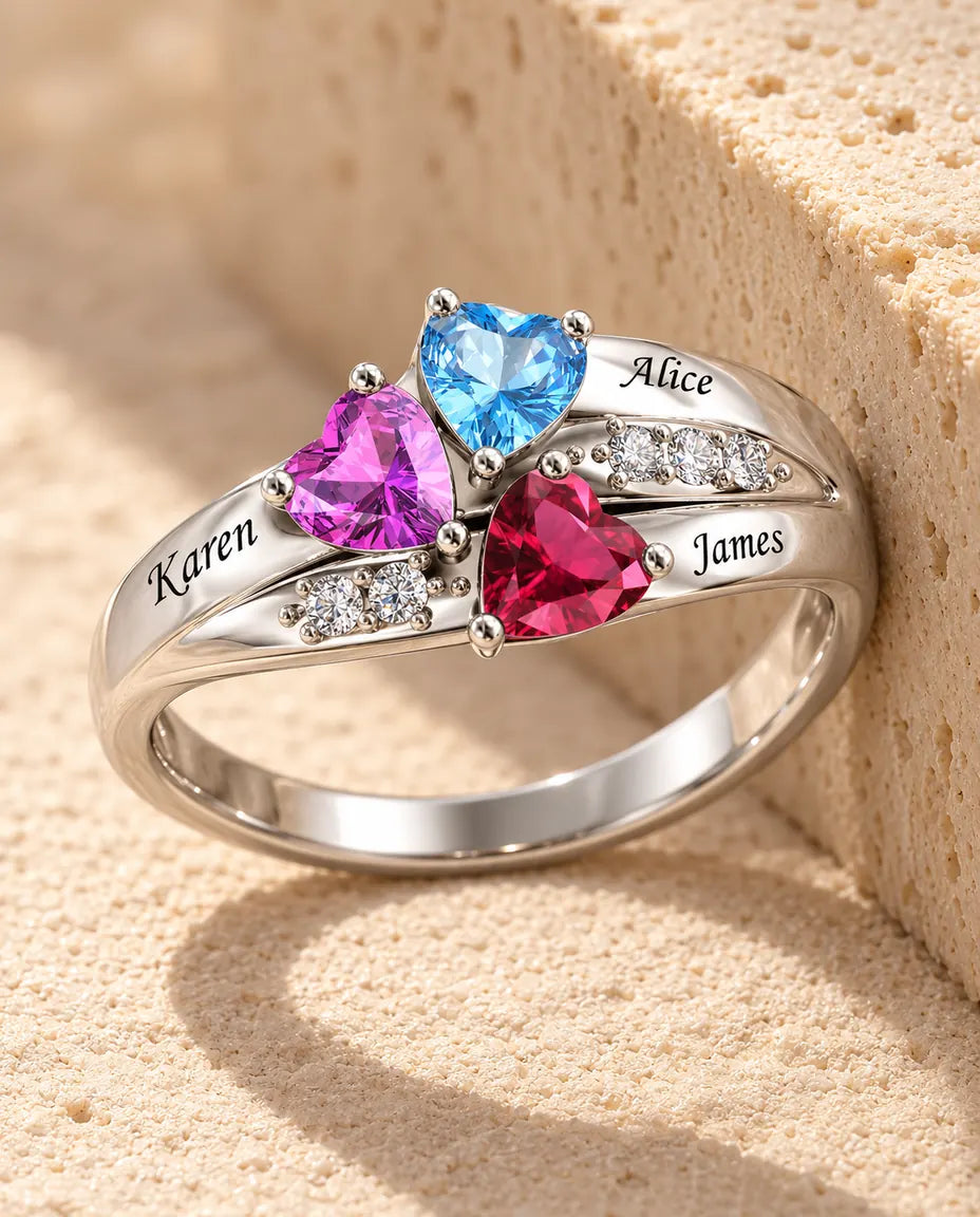 Bague pierre de naissance personnalisée 3 prénoms - bague de famille trèfle en argent 925 - en argent sterling