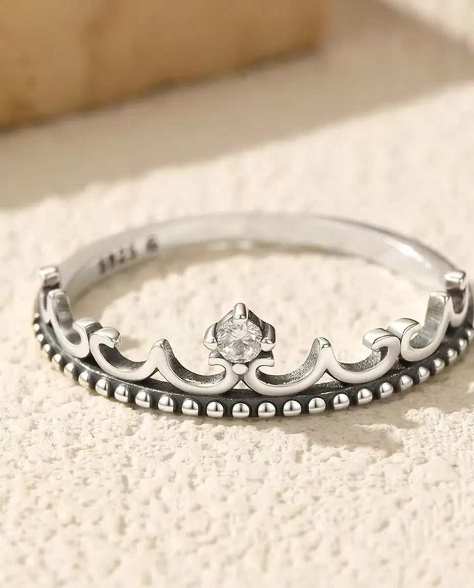 Bague tiare en zircone – couronne noircie à bord perlé et pierre de 2 mm, argent 925, tailles 5-9