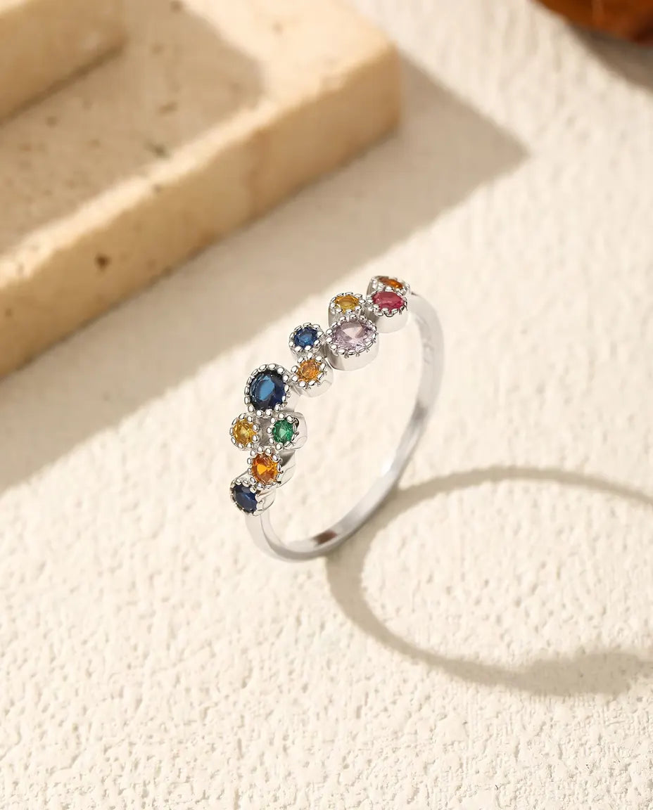 Bague zircons multicolores - pierres bleues, jaunes, vertes et roses serties millegrain, argent 925, tailles US 5 à 9