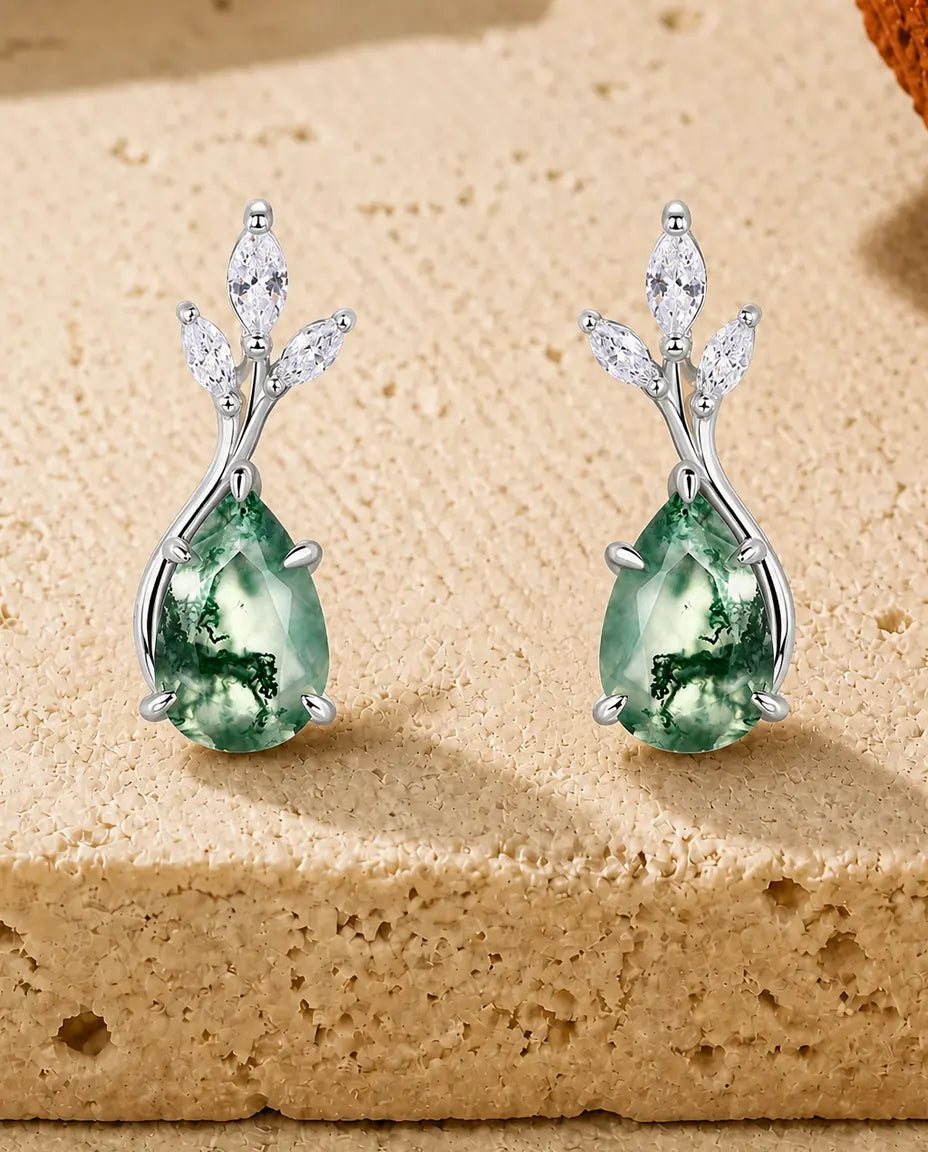 Boucles d'oreilles agate mousse - Brins de feuilles avec tige courbe et goutte d'agate mousse, argent 925, cadeau pour elle