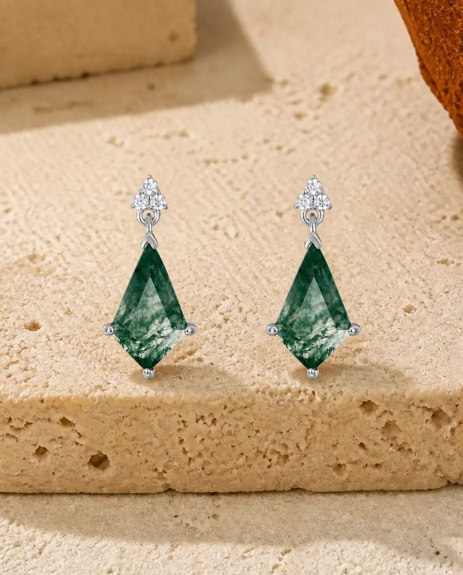 Boucles d'oreilles pendantes en agate mousse - Taille cerf-volant avec trio de zircons, argent 925, cadeau pour elle