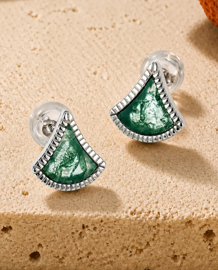 Boucles d'oreilles agate mousse - Agate mousse en éventail sertie côtelée, argent 925, cadeau pour elle