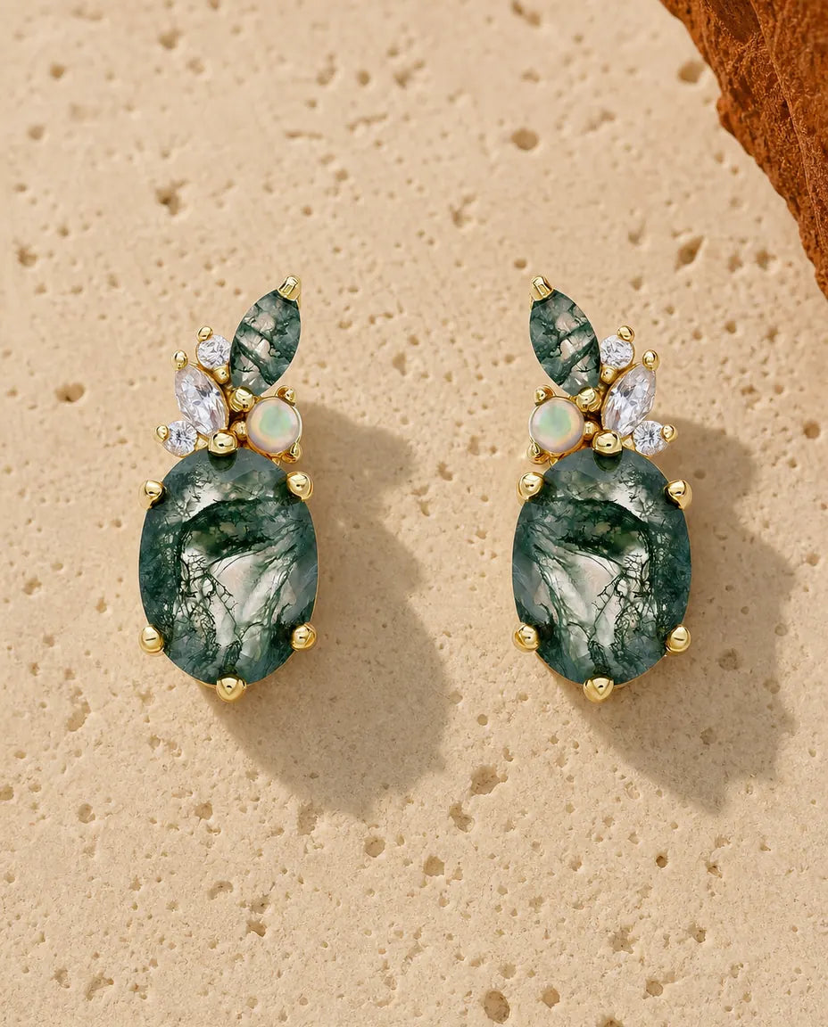 Boucles d'oreilles agate mousse - Agate verte ovale avec opale et zircon, argent 925 plaqué or 10K, cadeau pour elle