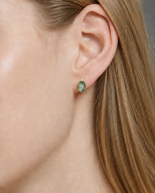 Boucles d'oreilles agate mousse - Ovale d'agate verte surmonté d'un zircon, argent 925 plaqué or 10K, cadeau pour elle