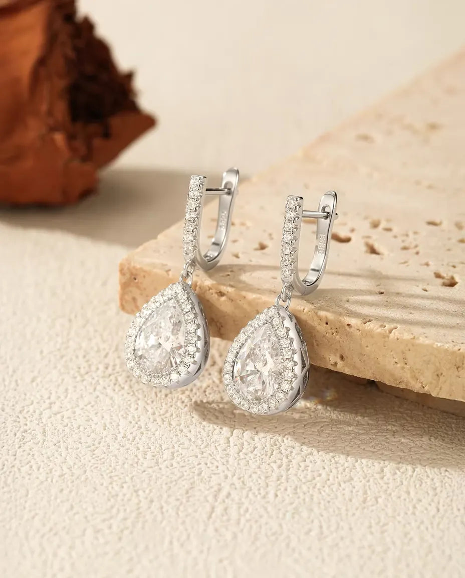 Boucles d'oreilles Goutte à halo de zircons - fermoir dormeuse pavé, 28,5 mm, argent 925