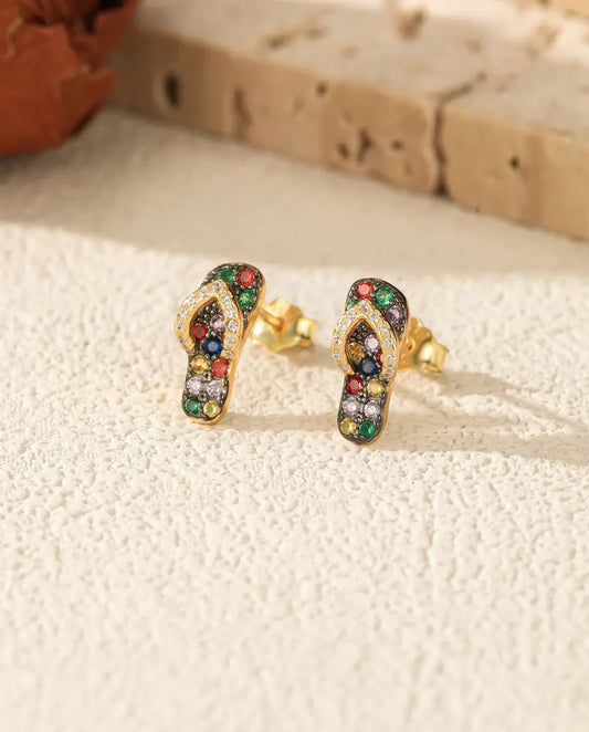 Boucles d'Oreilles Tongs à pierres de couleur - argent 925 plaqué or 18 carats, 4,5 x 11 mm