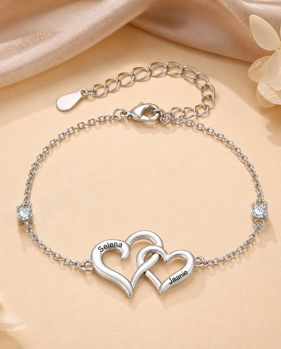Bracelet Double Cœur Personnalisé 2 Prénoms - cœurs entrelacés et deux pierres de naissance, réglable