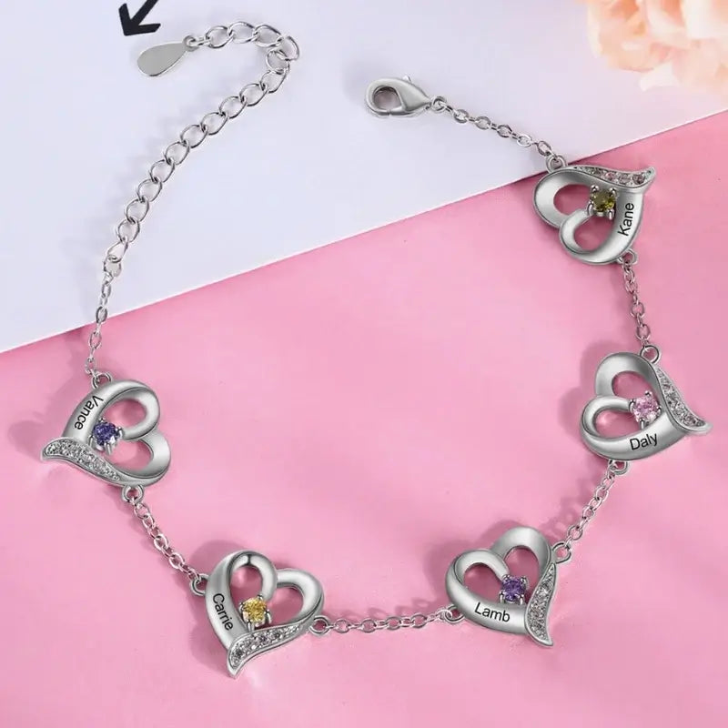 Bracelet Gravé – Pendentif Cœur et Pierres de Naissance, Prénom Personnalisé, Cadeau pour Maman, pour Elle