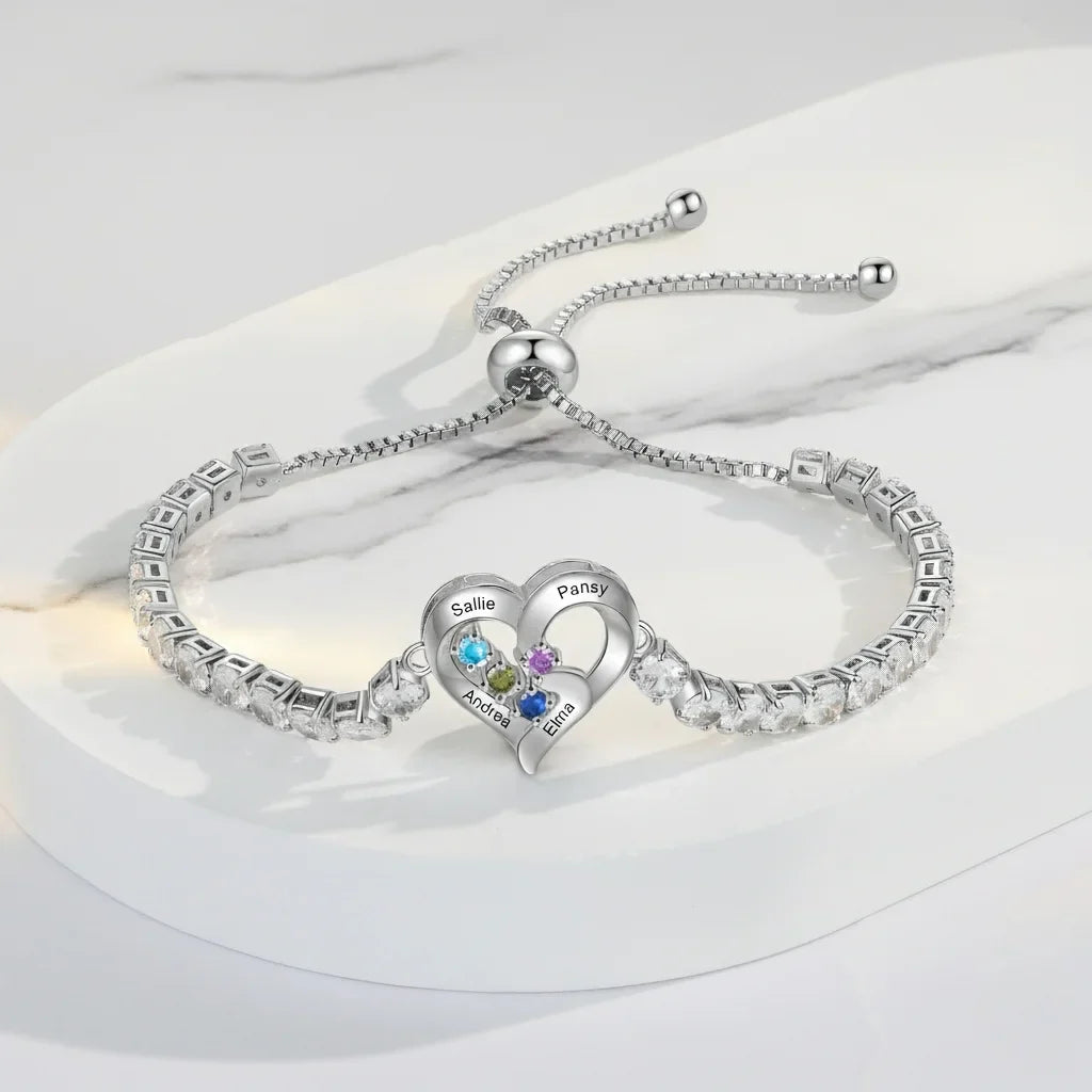 Bracelet Gravé Femme – Cœur ouvert sur chaîne tennis en zircons, 2 à 4 prénoms avec pierres de naissance, cadeau pour maman